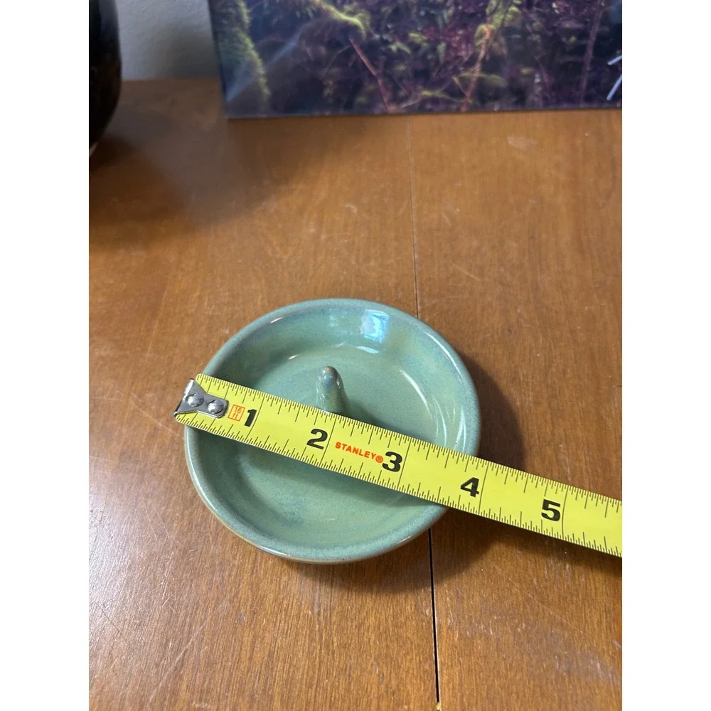 Studio Pottery Ceramic Ring Holder Dish Sage Green Glazed Jewelry Organizer Tray